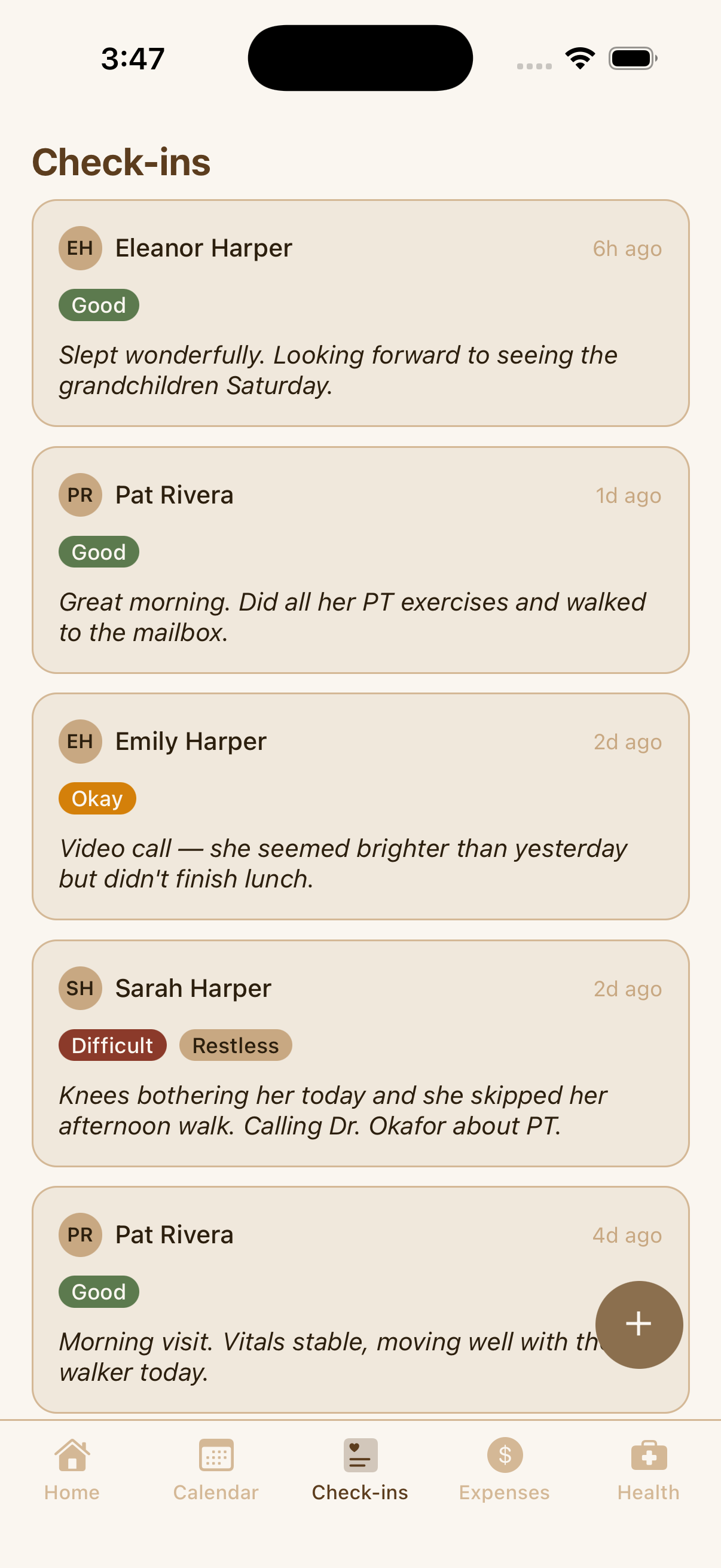 KinCare check-in feed with mood tags like Good, Okay, and Difficult from family members and the caregiver