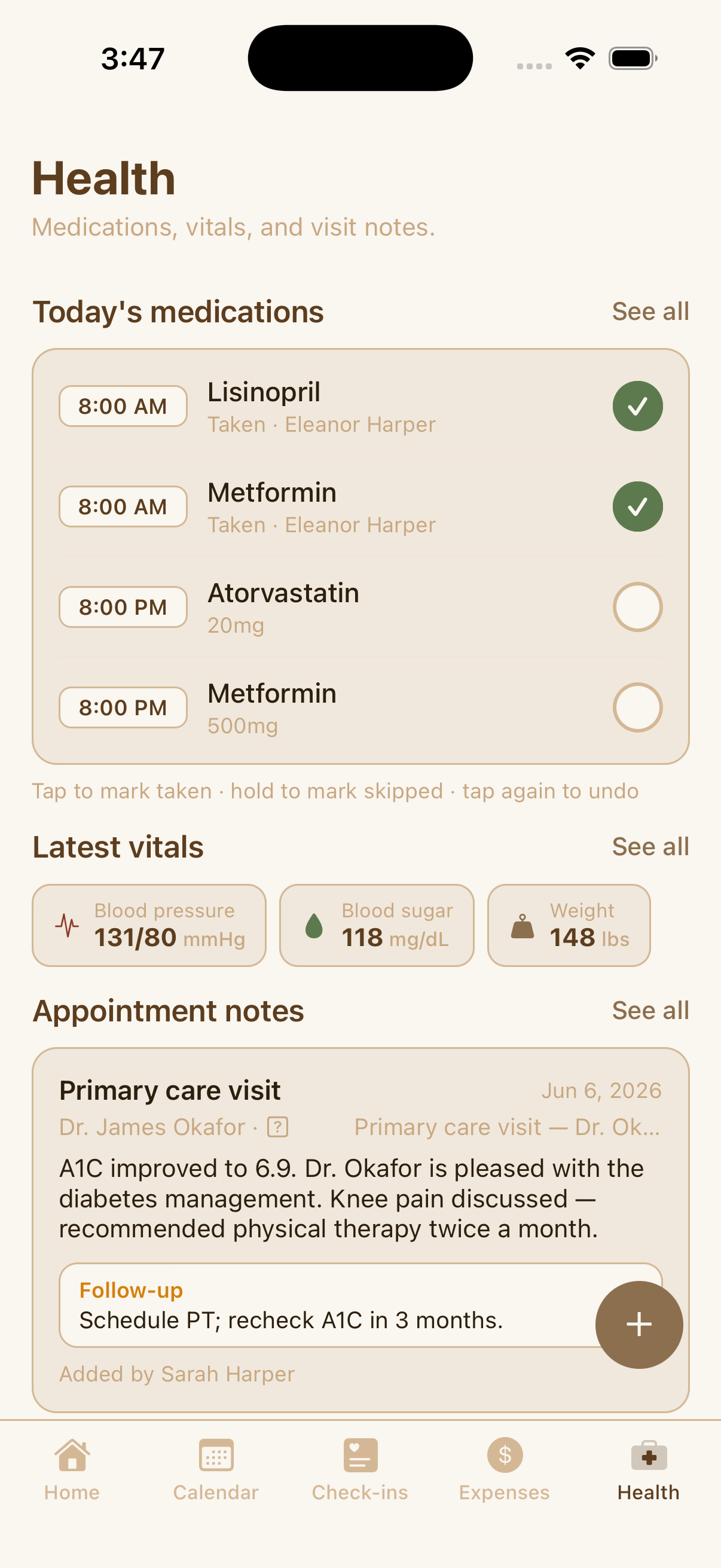 KinCare health tab with today's medication checklist, latest vitals, and an appointment note