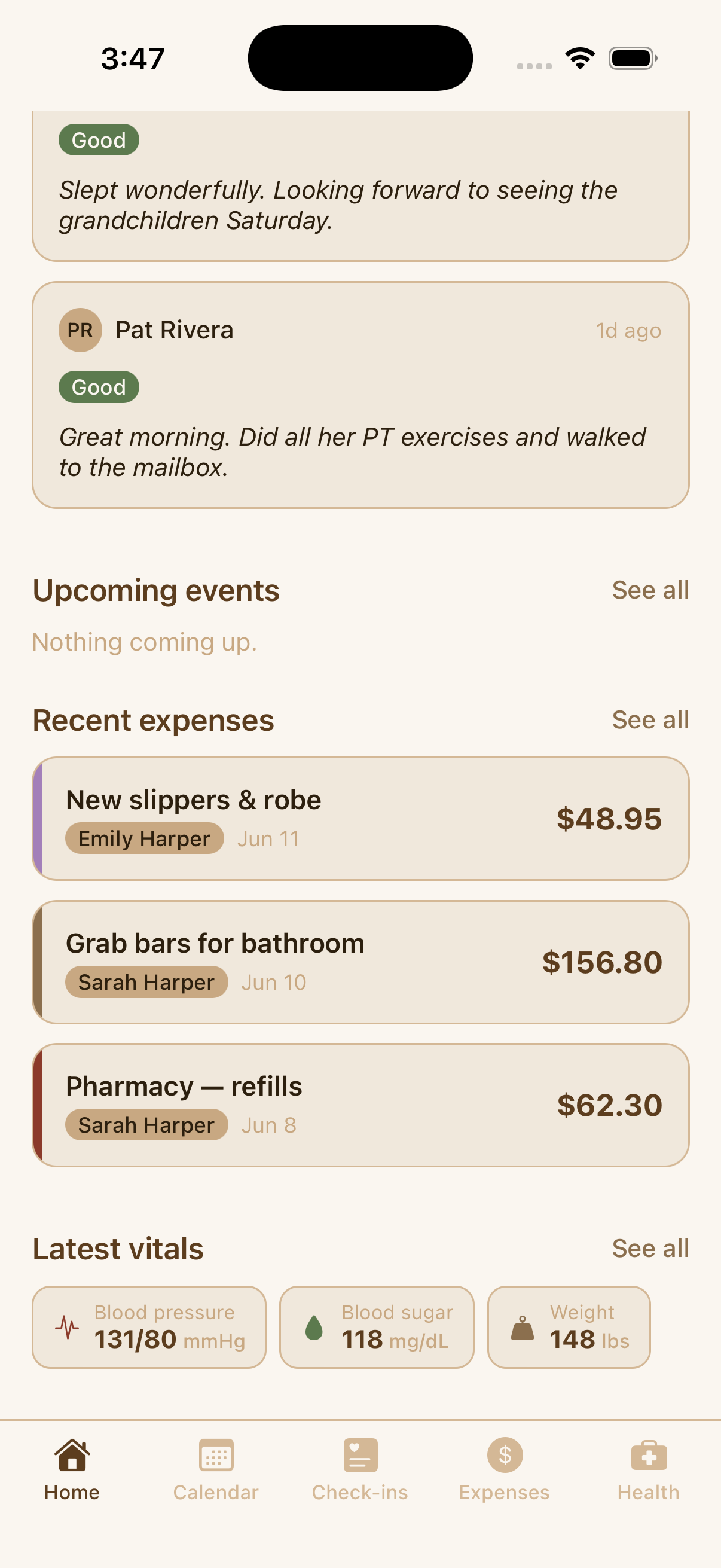 KinCare home feed with recent check-ins, expenses, and latest vitals
