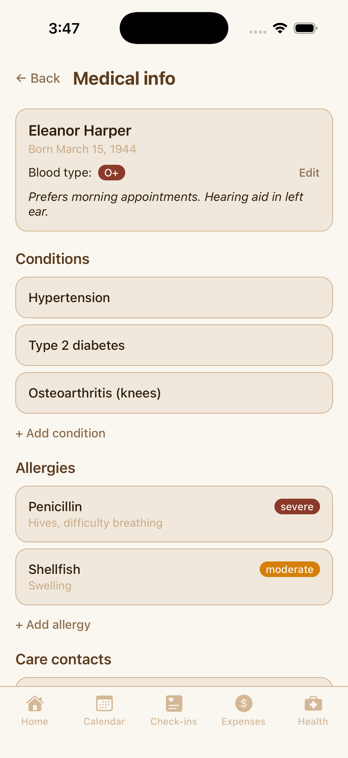 KinCare medical info screen with conditions, allergies, and blood type