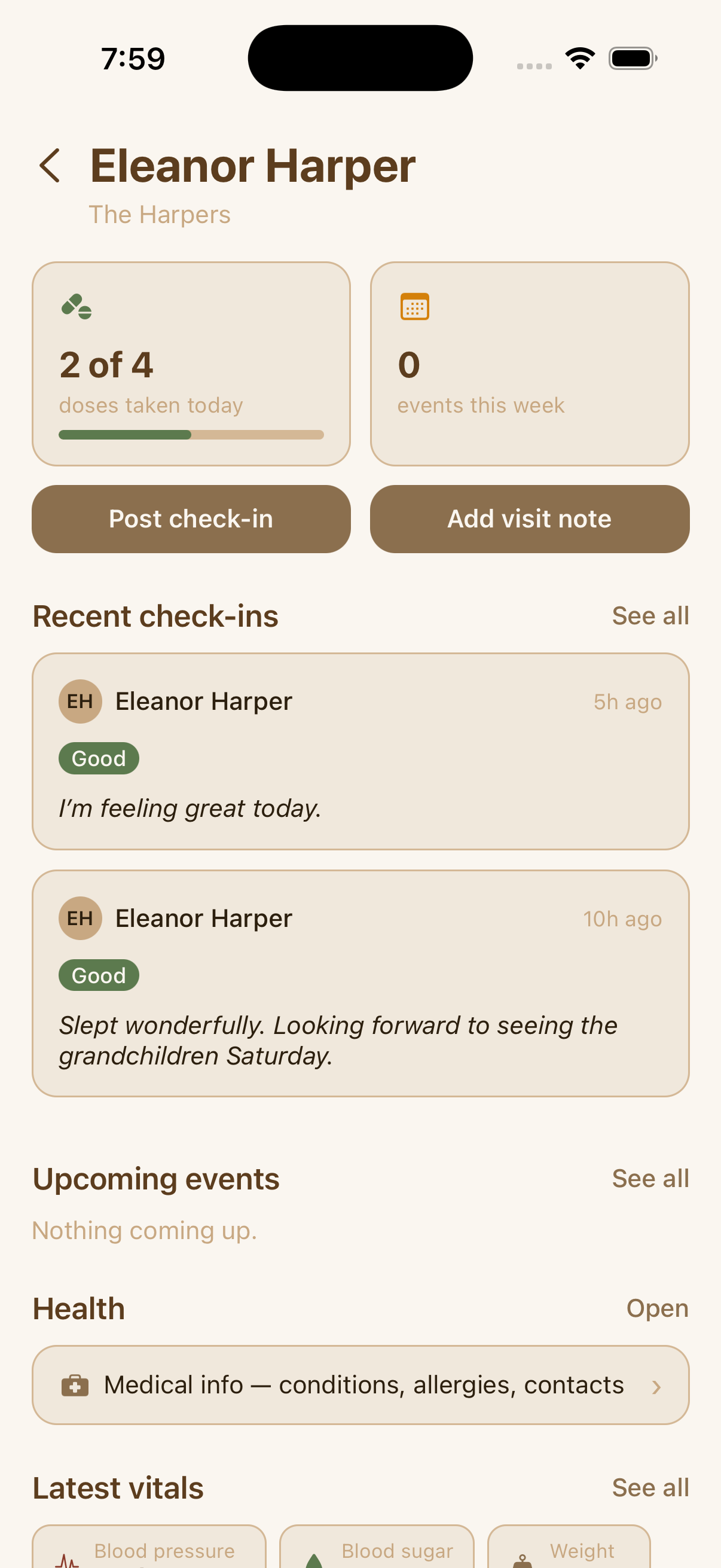 KinProvide patient overview with doses taken, quick actions, and recent check-ins